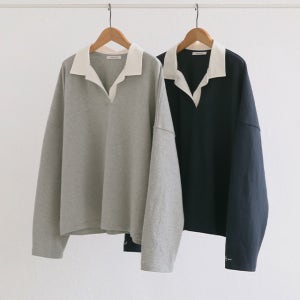 [RR]로엣 카라 자수 티셔츠 [45615,코튼100,루즈핏,데일리 티셔츠,캐주얼]