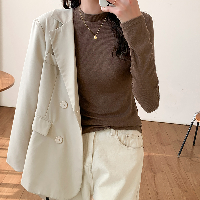 나사 폴라 이너웨어 여 이른 봄 가을 슬림핏 순면 긴팔 티셔츠 이너웨어 상의 어두운 갈색 중