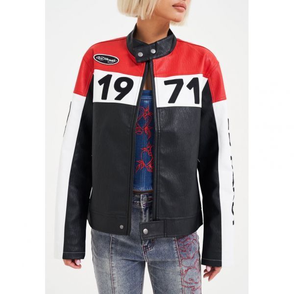 Ed Hardy 모토 인조 가죽 재킷 검정 빨강 흰색 ED221U00F Q11 에드 하디 7619478 153666130