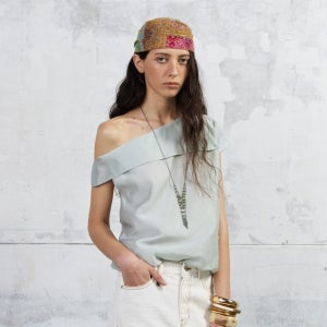 [쿠메] One Shoulder Silky Tencel Blouse, Mint