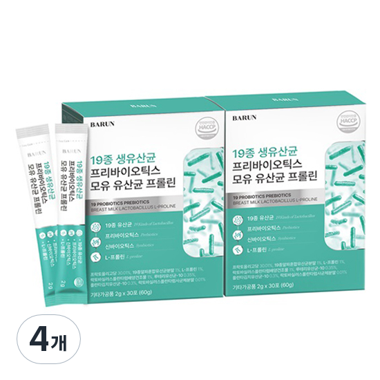 바른 19종 생유산균 프리바이오틱스 모유 유산균 프롤린 30p 4개