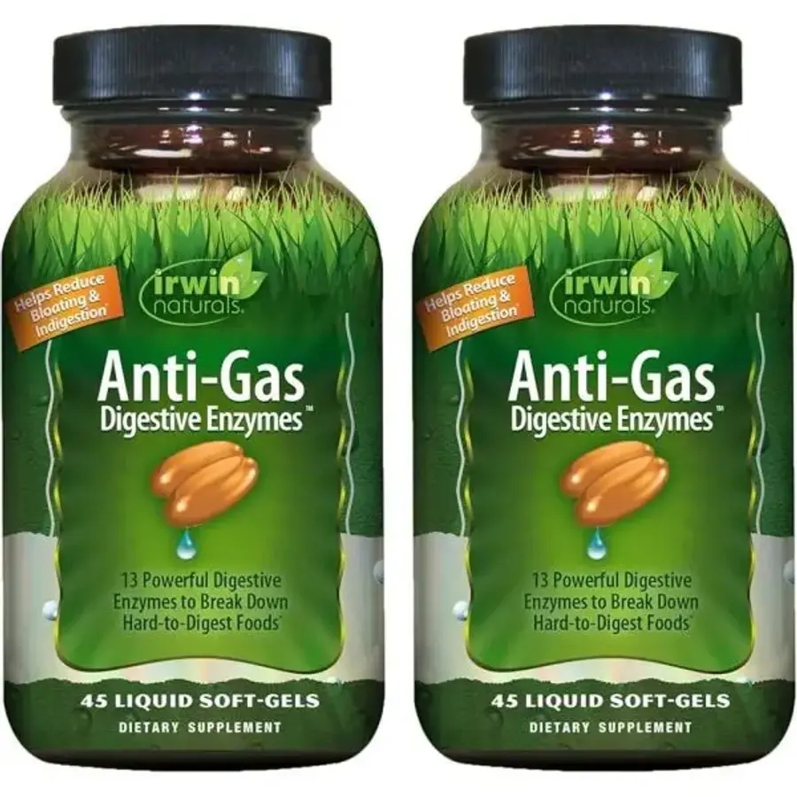 Irwin NATURAL <b>내추럴</b>s <b>가스</b> 방지 소화 효소 - 액체 소프트 젤 45개 팽만감 및 영양 흡수 2팩 244391