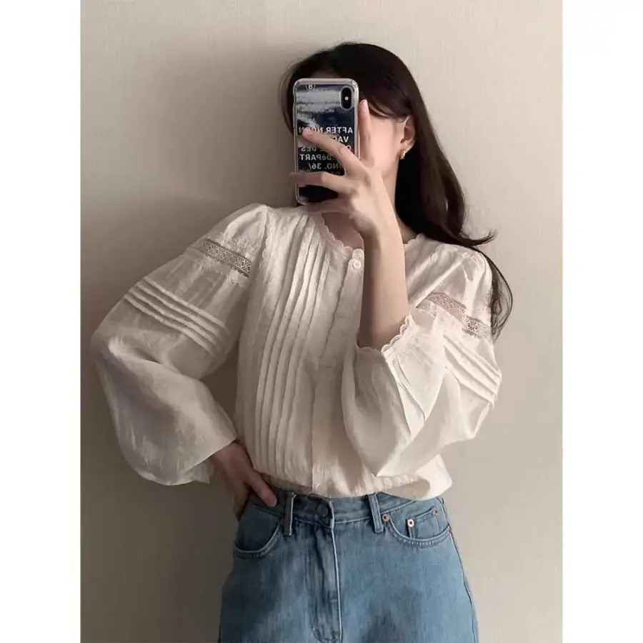 여성 화이트 플리츠 주름 레이스 블라우스 한지민 미혼남녀의효율적만남 이의영 러블리