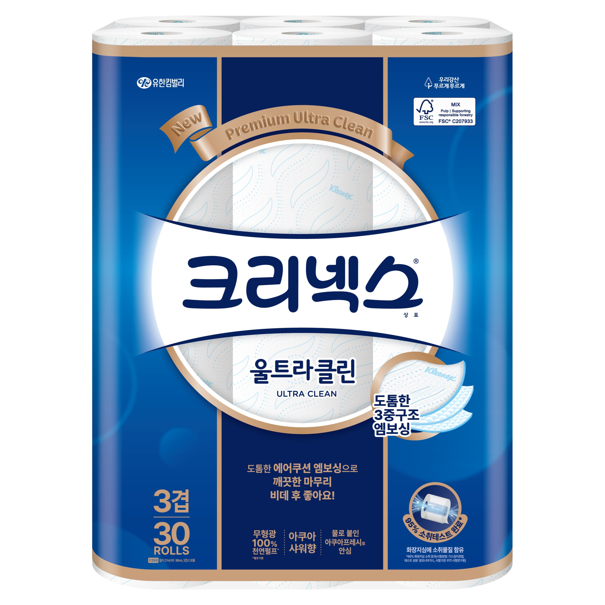 크리넥스 울트라클린 천연펄프 3겹 27m, 30개입, 1개 (14,090원) (무료)