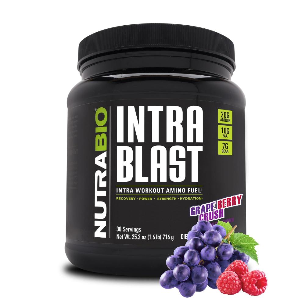 NutraBio Intra Blast Bcaa 분말 <b>아미노산</b> 보충제 전해질 수분 <b>혼합물</b> 인트라 운동 전 근육 회복 20g Eaa 글루타민 5g-드래곤프루트 30회 제공량  포도 베