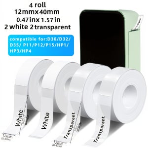 4롤 D30/P15 휴대용 무선 감열 라벨 프린터 특수 접착 라벨, 사양: 12X40mm 투명 + 흰색, 알코올 저항, 보관, 파일, 주소, 사무실, 가정, 이름표, 스위치 라벨,