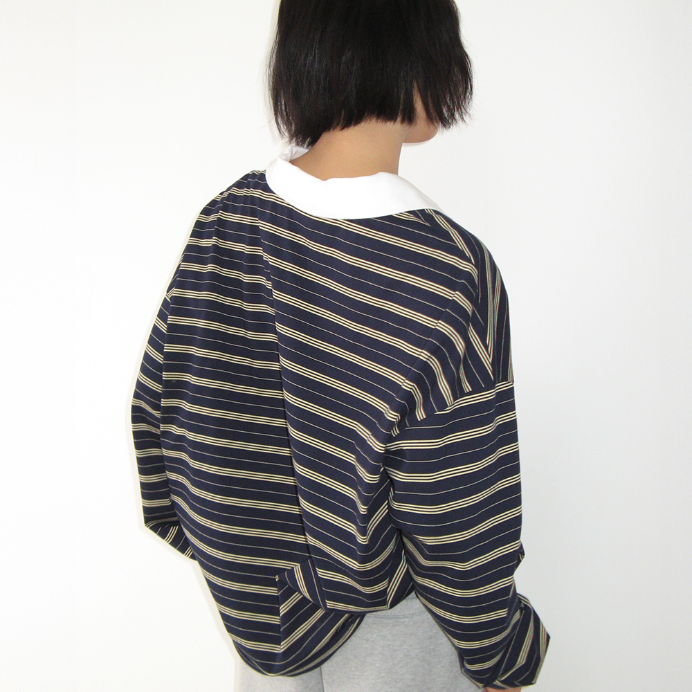 [론론] STRIPE V NECK COLLAR LONG SLEEVE NAVY