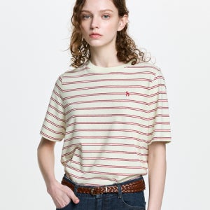 [헤지스 여성] 루즈핏 코튼린넨 스트라이프 반팔 티셔츠 라임 HSTS6B423L1