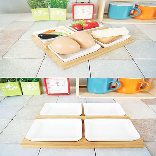 <b>더순수렛츠미</b> 나눔접시 반찬그릇 화이트 4칸 원목받침 디저트접시로도 디저트