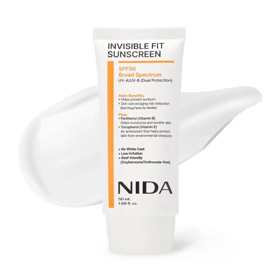 NIDA 인비저블 핏 자외선 차단제 SPF 50 와이드 스펙트럼 UV-A/UV-B <b>듀얼 프로텍션</b> 모든 피부 타입을 위한