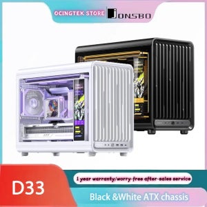 JONSBO D33 화이트/블랙 M-ATX 데스크탑 컴퓨터 케이스 (투명 측면 자석 그릴 패널, 후면 플러그 마더보드 디자인)
