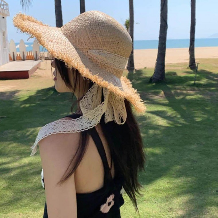 여자 스트랩 빅사이즈 통기성 햇빛차단 밀짚 모자 여성 리본 돌돌이 봄 보넷 캡 라피아 휴양지 라탄 베이지