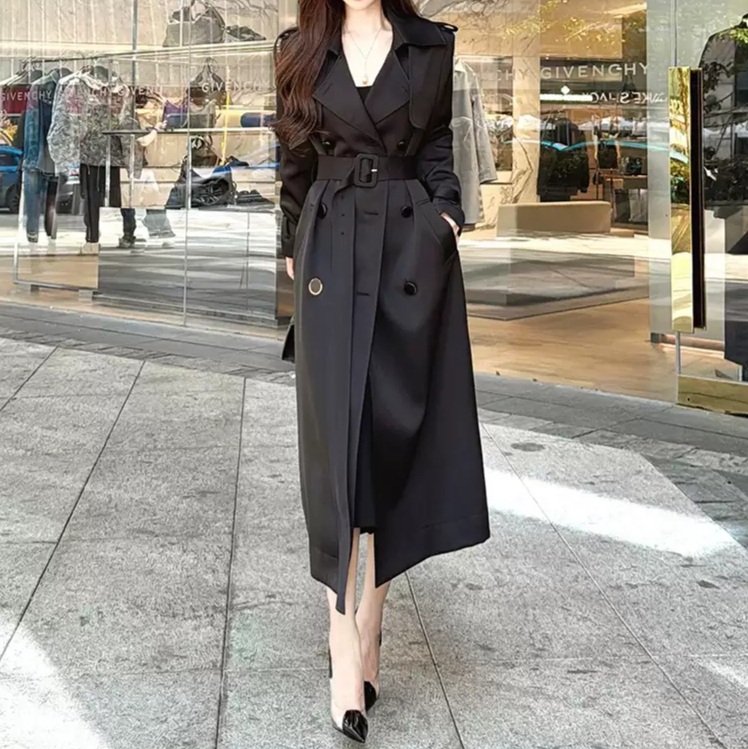 아세테이트 블랙 백 플리츠 밸티드 트렌치 격식 정장 롱 코트 S
