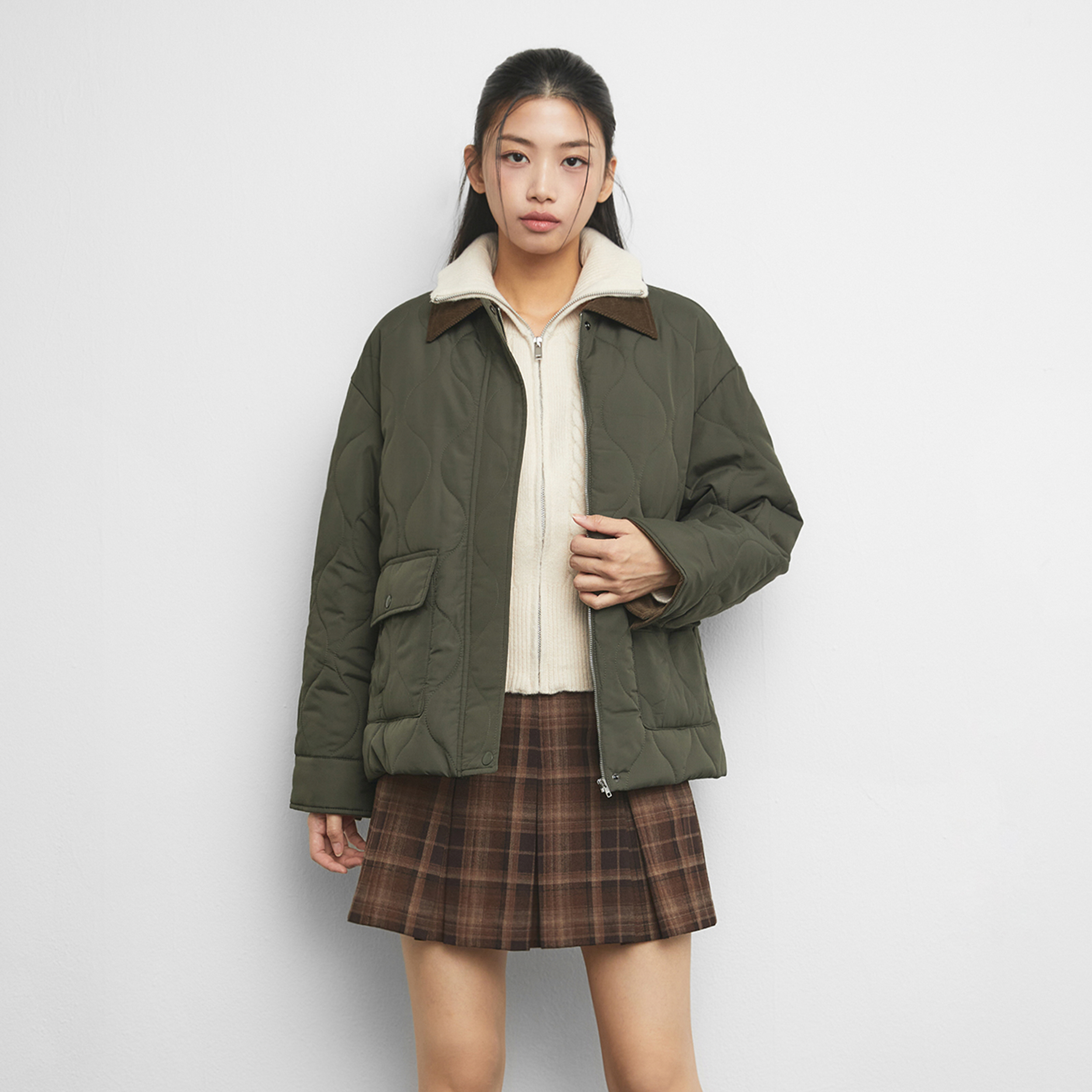 미쏘 여성용 코듀로이 배색 경량 패딩점퍼 95 Khaki