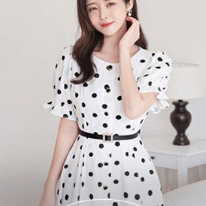 유리엘 밴딩 퍼프 슬리브 도트패턴 벨트 린넨 원피스