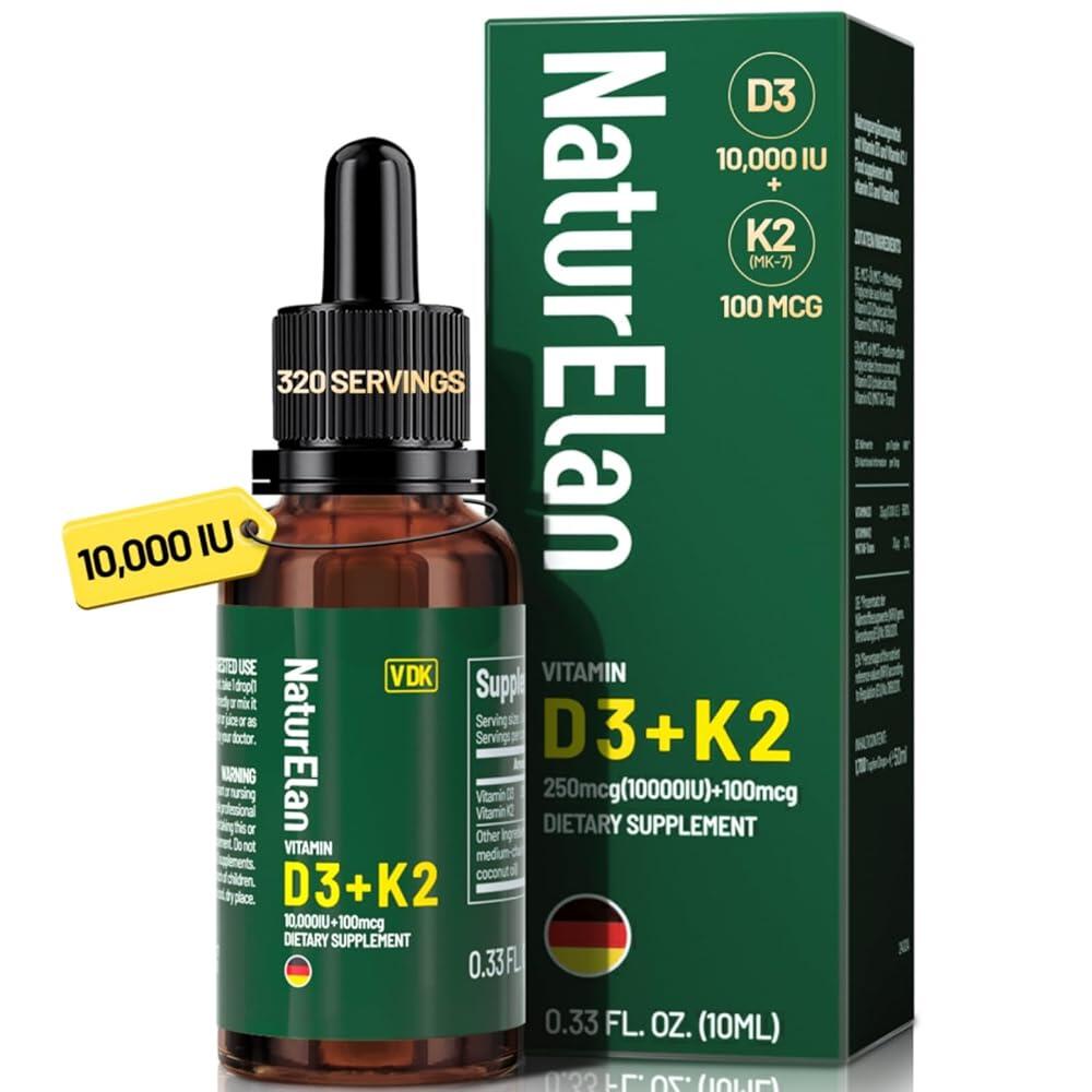 유기농 <b>비타</b>민 D3 K2 드롭 MCT 오일 함유 10 000 IU <b>비타</b>민 D 액체 드롭 + 100mcg K2(MK-7) 320회 분량 <b>뼈</b> 면역 심장 및 치아 건강 <b>지</b>  유기농 <b>비타</b>