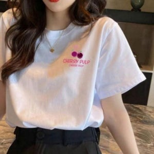 [하프클럽/모노무드] 여름 여자 데일리 하트 체리 클래식 라운드넥 면 반팔