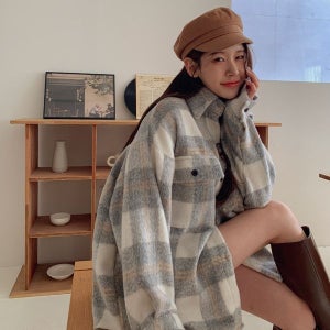 [하프클럽/네쥬]여성 겨울 루즈핏 체크 카라 포켓 언발 데일리 자켓