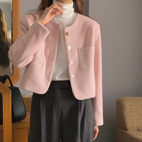 백설공주얼굴빛 히든 노카라 헤링본 크롭 울 자켓 Light Pink Free