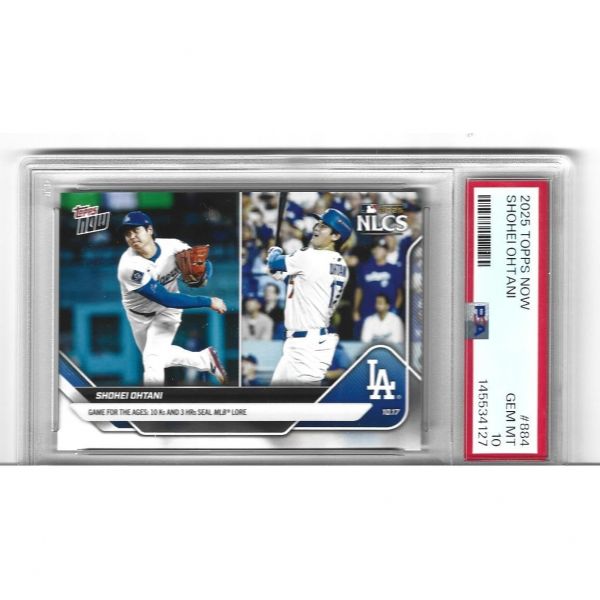 2025 등급의 Psa 젬 민트 10 오타니 쇼헤이 야구 카드 884 NLCS 다저스 4회 MVP 슈퍼스타에서 3 HR 안타와 K 투구로 역사적인 경기를 치렀습니다  2025 등급