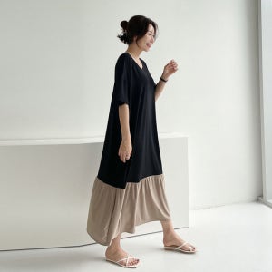 (유야) 여성 아이스 쿨 셔링 배색 반팔 롱원피스 -FOP0332- 여름