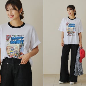 해피래빗 배색 박스 반팔티