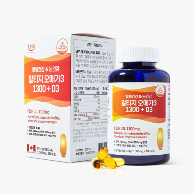 라이프앤밸런스 눈건강관리 <b>엘엔비 비타민</b>D3 오메가3 1300 알티지 rtg 6개월