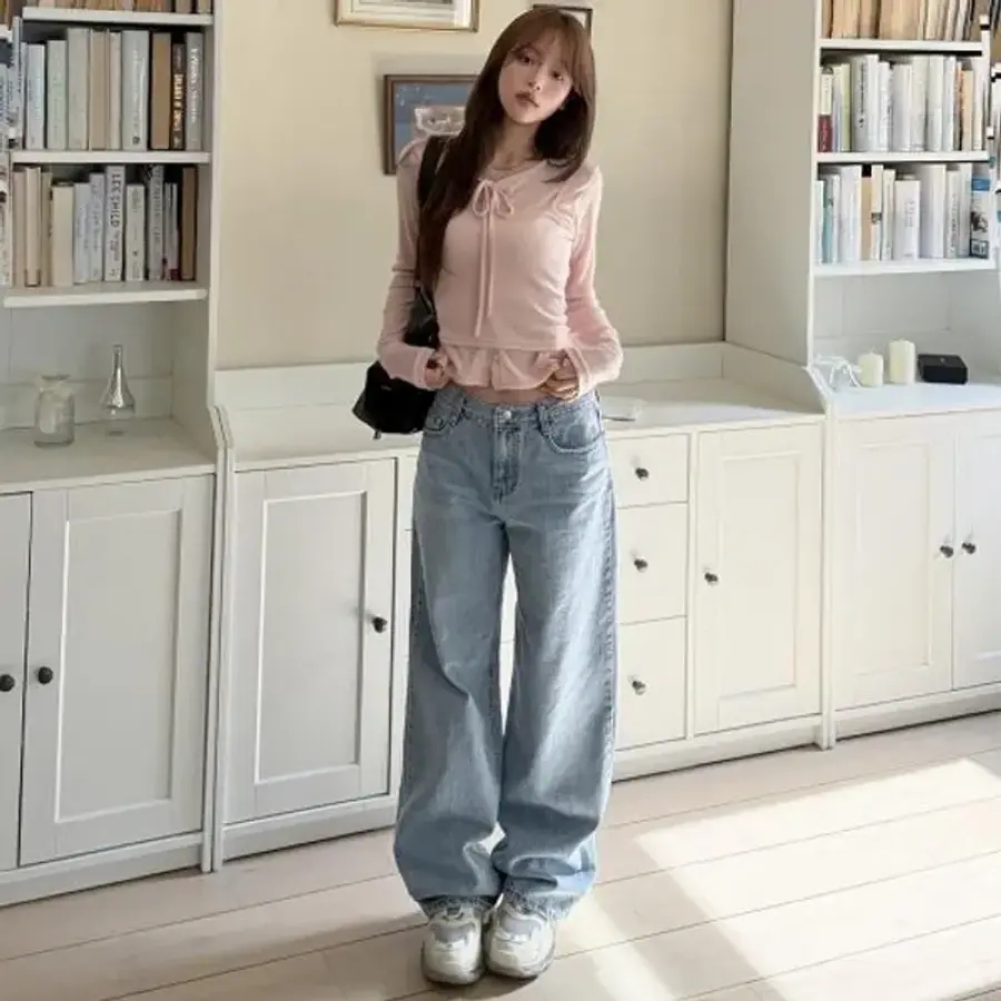 옷자락 여성 연청 와이드 스트레이트 데님 바지 팬츠 루즈핏