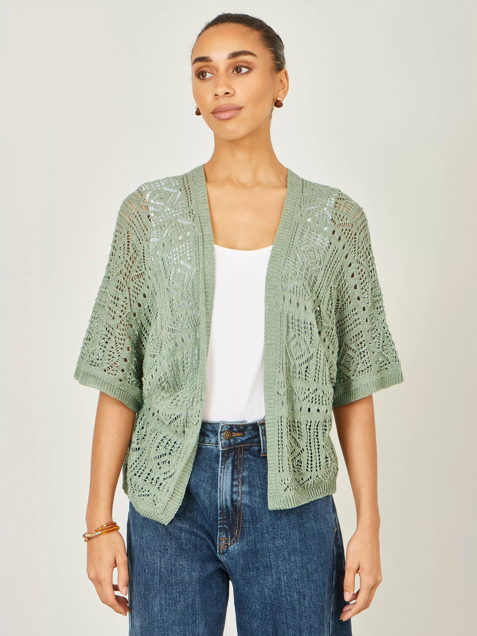 YUMI’ 오픈 넥 크로셰 가디건 브라운 Open Neck Crochet Cardigan, Brown 114927954 Sage Green 154380378