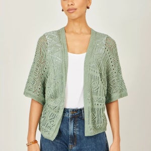 YUMI’ 오픈 넥 크로셰 가디건 브라운 Open Neck Crochet Cardigan, Brown 114927954 Sage Green 154380378
