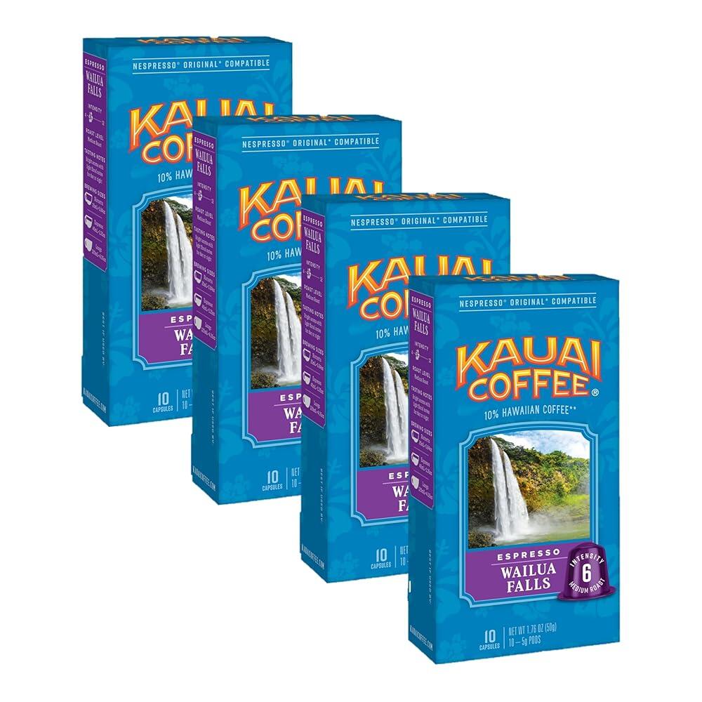 Kauai Coffee Wailua Falls 미디엄 포이푸 비치 다크 로스트 버라이어티 팩 에스프레소 - 네스프레소 오리지널 호환 캡슐 강도 6 및 9 1인용 포드 10개 4팩