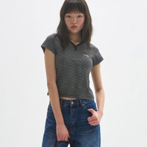 문선 M.C Stripe Notch Neck T-Shirt / Black