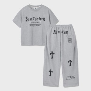 [SET] 앨빈클로 BLESS 크롭핏 반팔티셔츠 원턱 와이드 트레이닝 바지 셋업