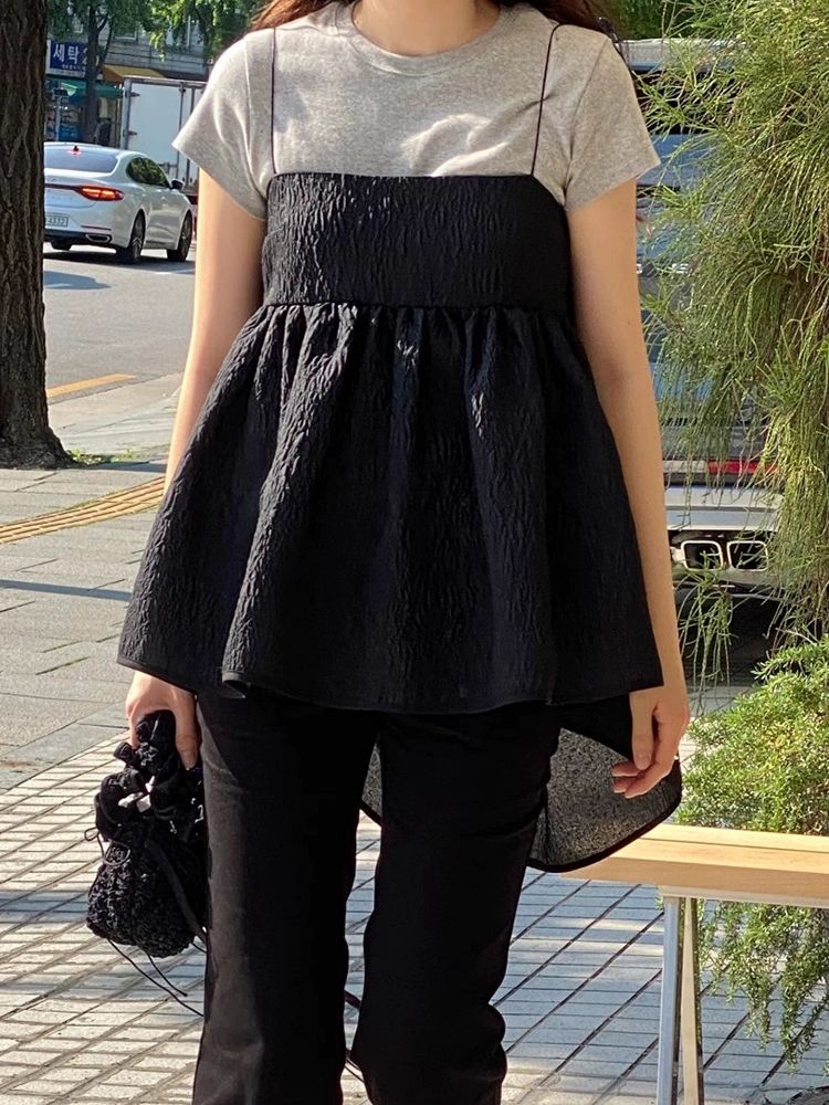 지지미 뷔스티에 블라우스 시어서커 왕리본 민소매 블랙 프리사이즈