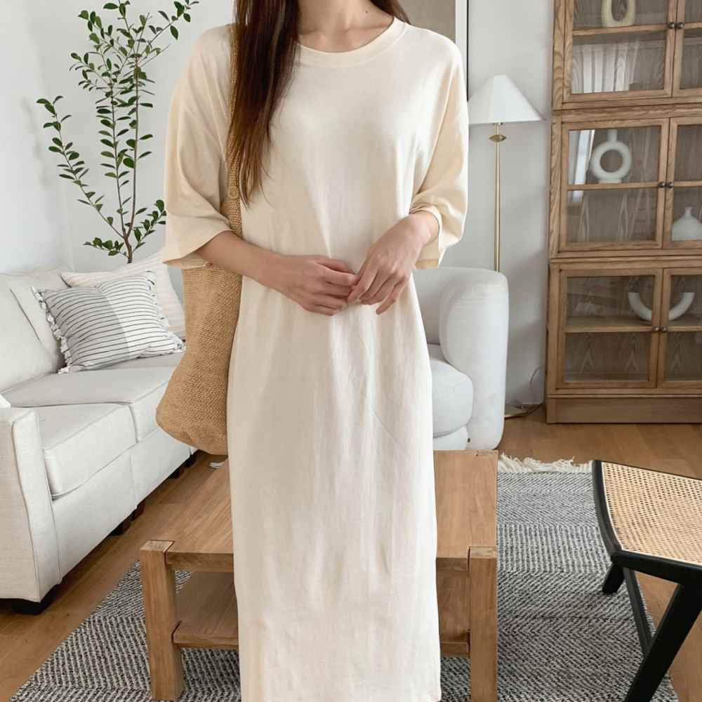 데일리 라운드 박시 루즈핏 홈웨어 일자 코튼 면 롱 원피스 라운지웨어 원마일웨어 화이트