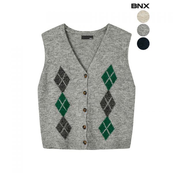 BNX 브이넥 아가일 니트 조끼