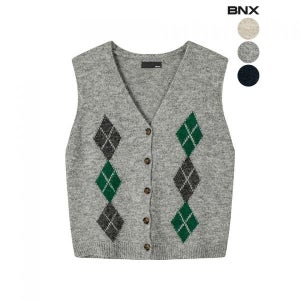 BNX 브이넥 아가일 니트 조끼