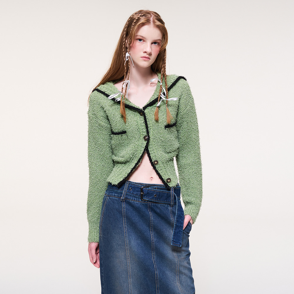 에트몽 Shawl Sailor Collar Knit Cardigan Light Green