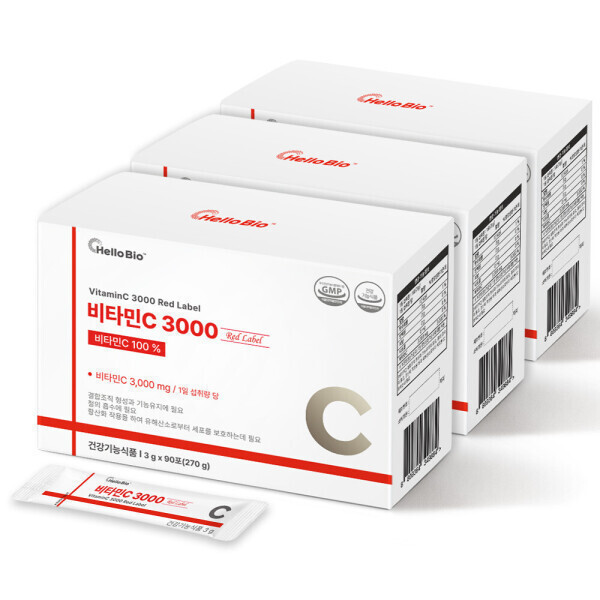 헬로바이오 비타민C 3000 레드라벨 90포 2박스 (총 6개월) 순수 비타민c 고함량 분말 가루 스틱 건강기능식품