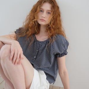 [포에트서울] [3rd Restocks] checked puff sleeve blouse_navy
