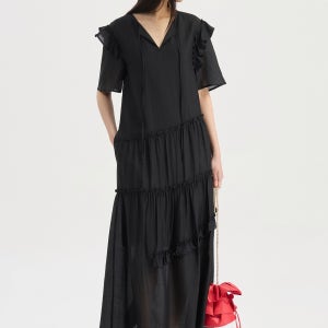 [럭키슈에뜨]Pin stripe Shirring Short Sleeve Long Dress black