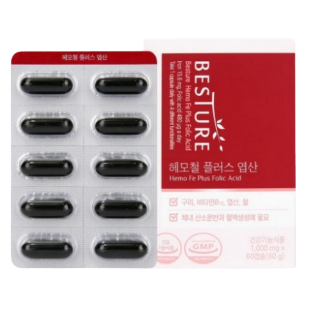 베스처 헤모철 플러스 <b>엽산</b> 철분 구리 비타민B12 비타민C 4중복합기능성  1개  60정