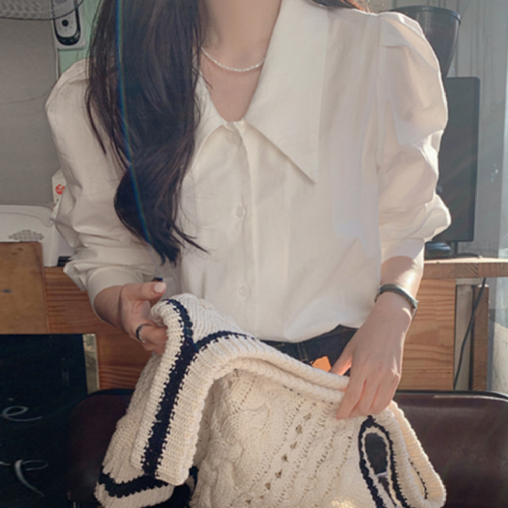 퍼프 숄더 카라 벌룬 소매 화이트 블라우스 셔츠