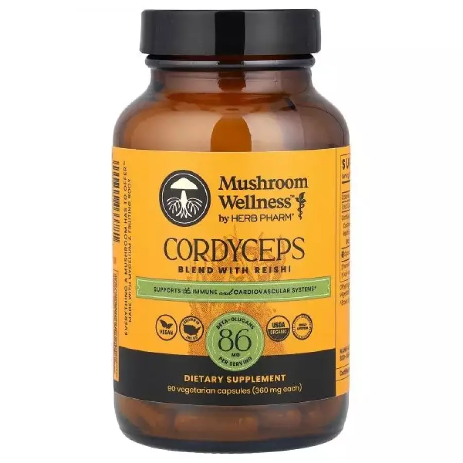 Herb Pharm, Mushroom Wellness , 동충하초, 영지<b>버섯 혼합물</b>, 베지 캡슐 90정