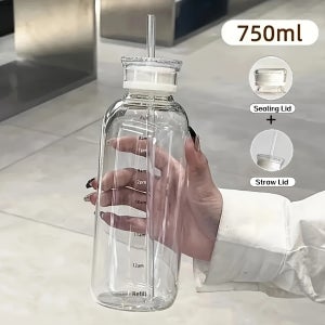 750ml 대용량 붕규산 유리 물병, 이중 뚜껑 디자인 - 밀폐 뚜껑 및 빨대 뚜껑, 시간 스케일, 휴대 용이, 정기적인 수분 공급, 음료, 레몬 차, 아이스 커피, 음료에 적합
