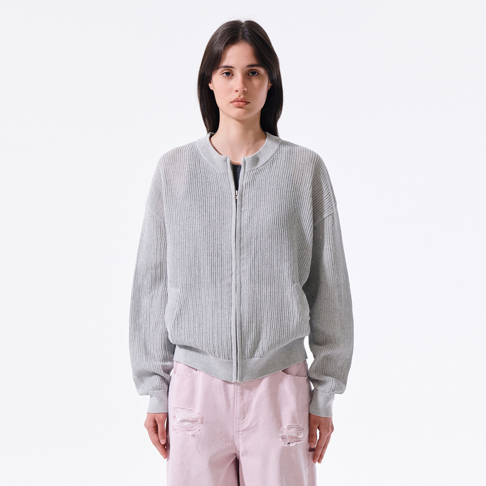[마뗑킴] BACK LOGO JACQUARD MESH KNIT ZIP UP IN LIGHT GREY