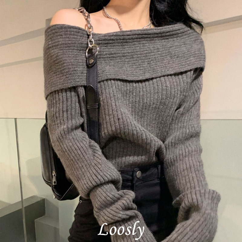 Loosly 하객룩 골지 스판 오프숄더 여자 여성 니트 스웨터 FREE 다크그레이