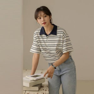 엘리시아 [하프클럽] 앤톤 줄지 버튼 카라 반팔 티