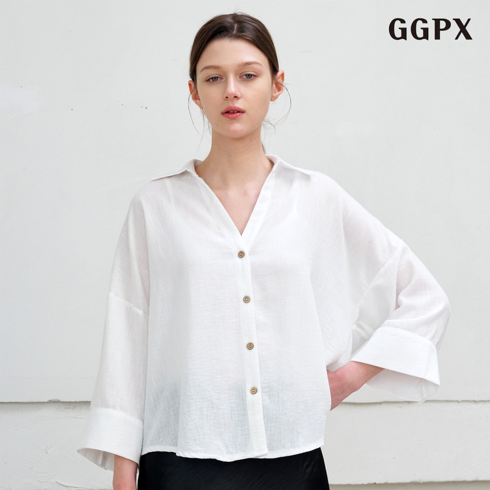 GGPX 오버핏 오픈 카라넥 긴팔 셔츠 GQABA029D