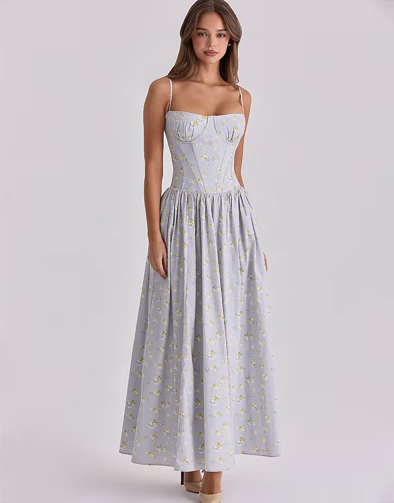 HOUSE OF CB 블루 야생화 패턴 끈 장식 맥시 드레스 코튼 Rona Maxikleid aus Baumwolle in Blau mit Wildblumenmu 155070013